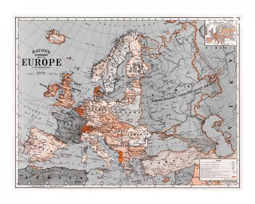 Bacon's standard map of Europe vintage illustration wall art print and poster design remix from original artwork. - 2271277
