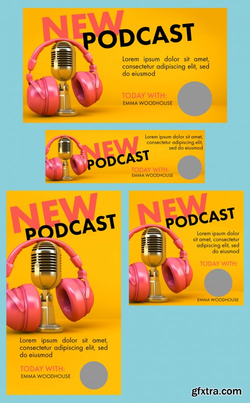 Podcast Social Media Layout Kit Witn Microphone and Headset Illustrations 344611742
