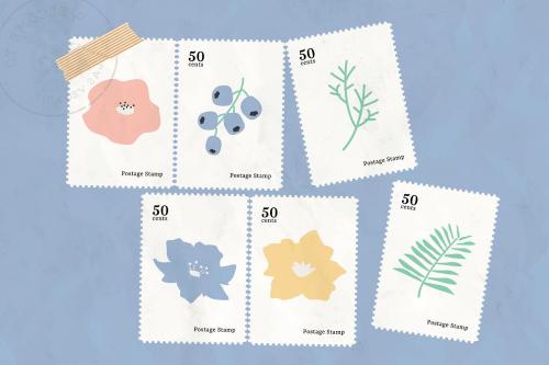 Botanical stamp collection on blue background vector - 1223556