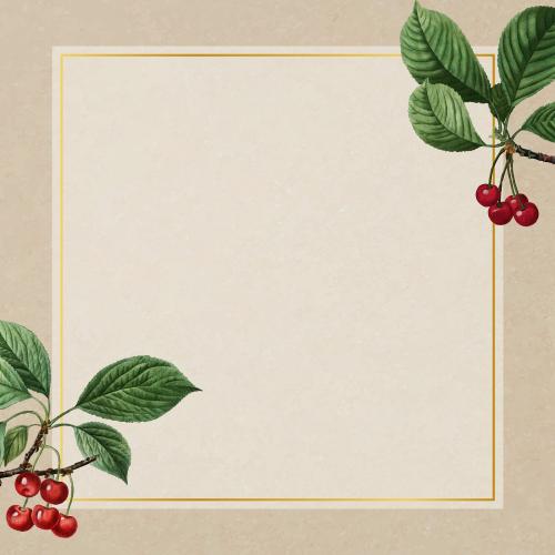 Hand drawn cherry pattern with square gold frame vector - 1214435