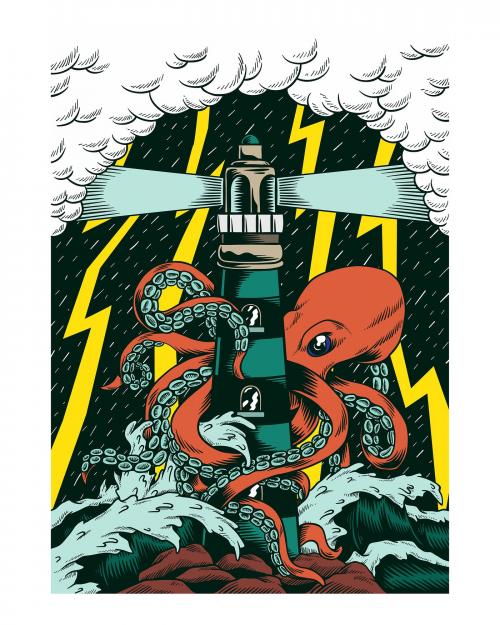 Giant octopus with tentacles wrapped around a lighthouse illustration wall art print and poster design. - 2267234