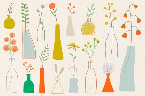 Colorful doodle flowers in vases on beige background vector - 1222906