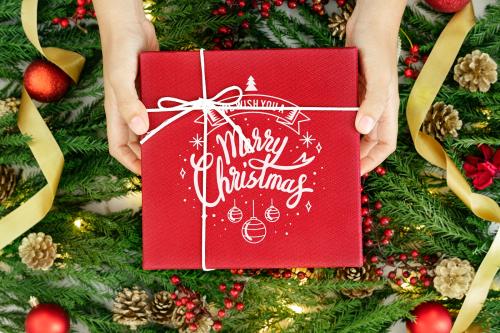 Red wrapped Christmas present mockup - 520224