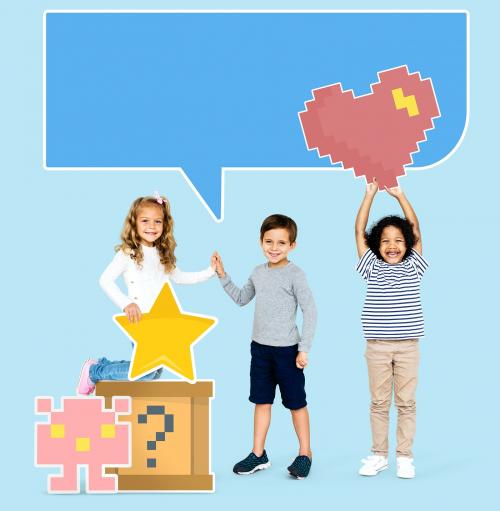 Happy diverse kids with pixilated gaming icons - 504258
