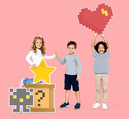 Happy diverse kids with pixilated gaming icons - 504270