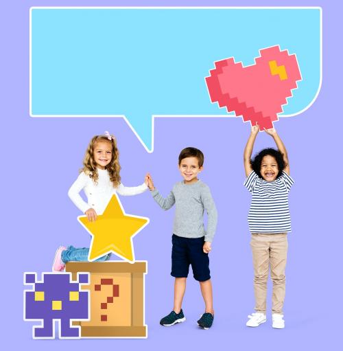 Happy diverse kids with pixilated gaming icons - 504343