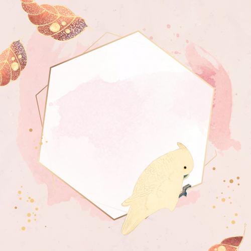 Hexagonal gold frame with a macaw and leaf motifs on a pastel pink background vector - 1210443