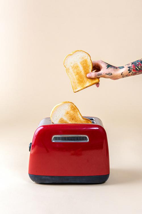 Hand holding bread popping up from a red toaster - 2054431