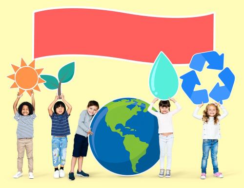 Diverse kids with environment icons - 503958