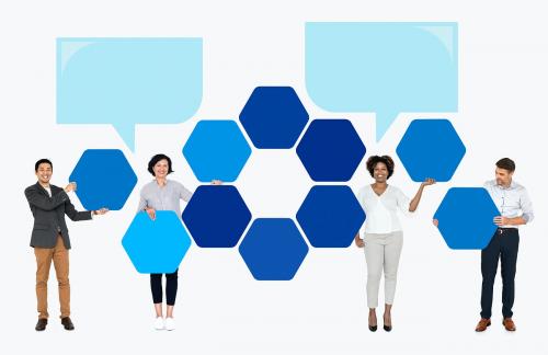 Business people with connected hexagon boards - 503962