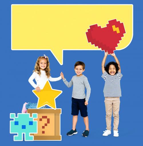 Happy diverse kids with pixilated gaming icons - 503982