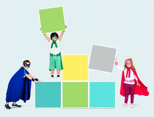 Young superheroes stacking square boards - 503986