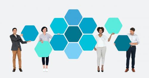 Business people with connected hexagon boards - 504015