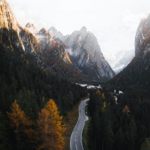 Misty mountain pass in the Dolomites - 2047630