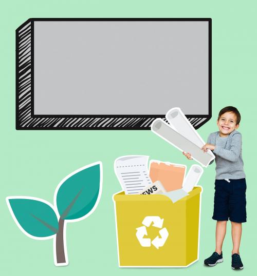 Happy boy collecting paper for recycling - 504035