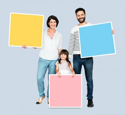 Happy family holding square shaped boards - 504113