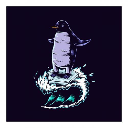 Penguin surfing on a wave illustration wall art print and poster design. - 2267398