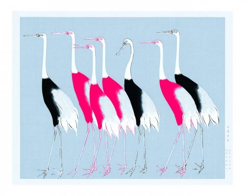 Japanese red crown cranes vintage illustration wall art print and poster design remix from original artwork. - 2270030