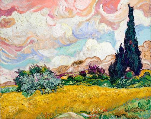 Pastel Wheat Field with Cypresses vintage illustration, remix from original painting by Vincent van Gogh. - 2270474