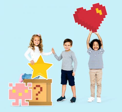 Happy diverse kids with pixilated gaming icons - 504173