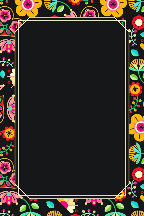 Flowers folk pattern frame on black background vector - 1205142