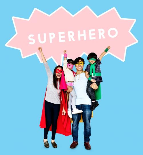 Happy family wearing superhero costumes - 504178