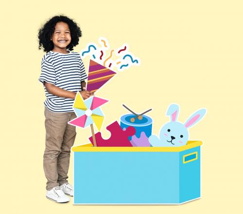 Cheerful boy with a box full of toys - 504193