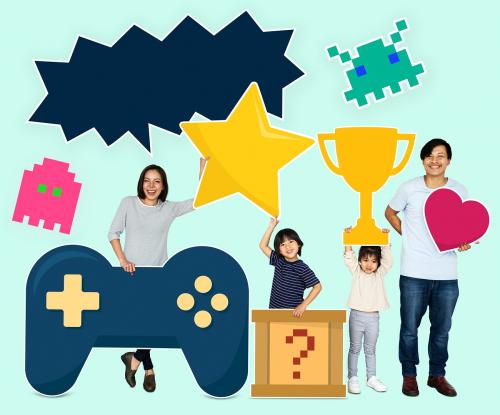 Happy family holding gaming icons - 504216