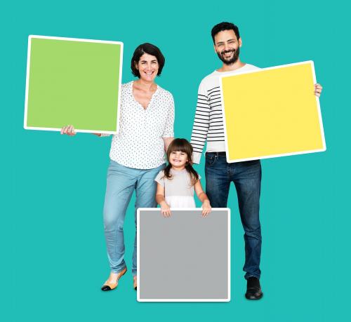 Happy family holding empty square shaped boards - 503863