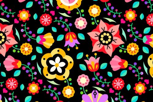 Flowers folk art patterned on black background vector - 1205126