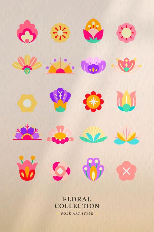 Flower folk art design elements vector set - 1205131