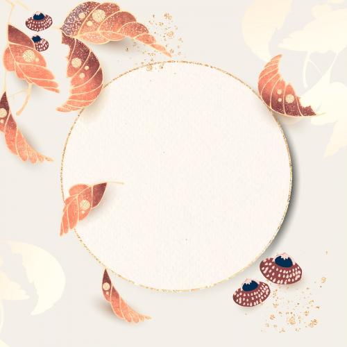Round gold frame with leaf motifs on an ivory background vector - 1210434