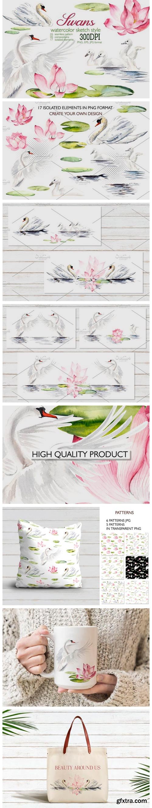 Watercolor White Swans with Pink Lilies 4325866