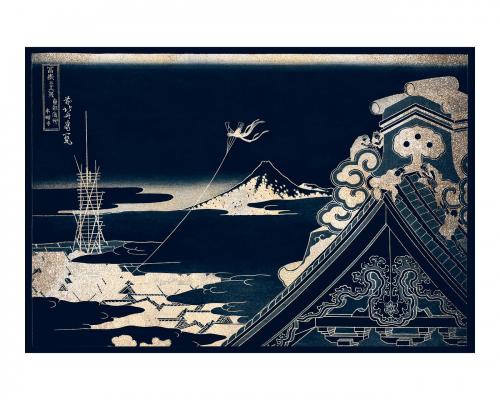 Shimmering traditional temple vintage illustration wall art print and poster design remix of original illustration by Hokusai. - 2266972