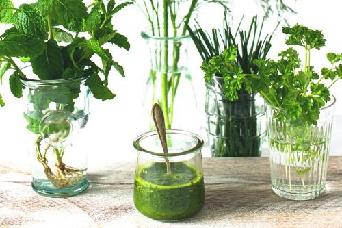 Green fresh organic herbs and homemade pesto ingredients - 2281584