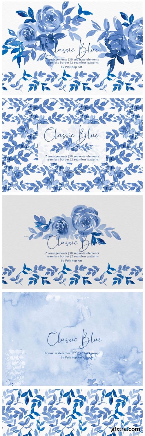 Classic Blue Watercolor Floral Clipart 4334130