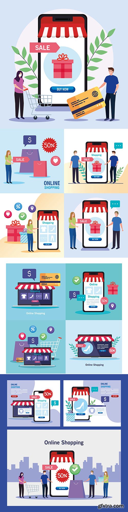 Shopping online e-commerce market and retail illustration