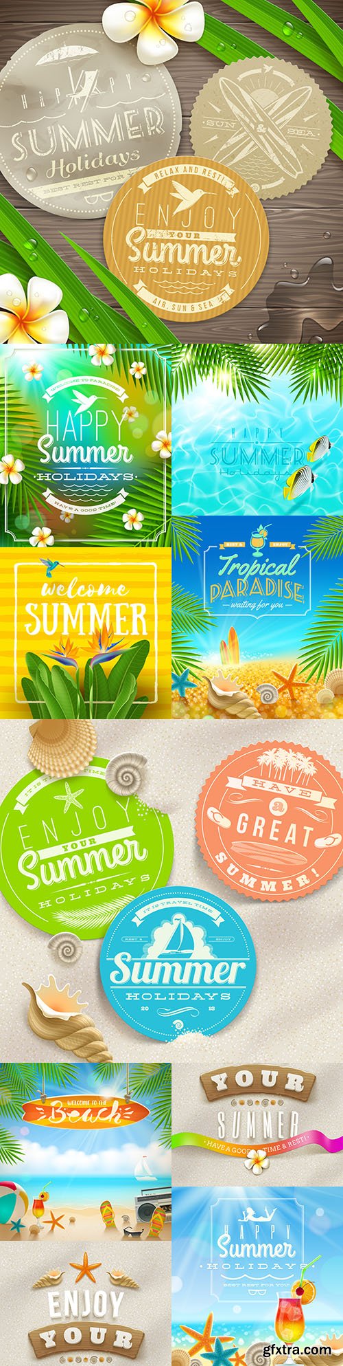 Summer holidays with tropical flowers on wooden surface illustration