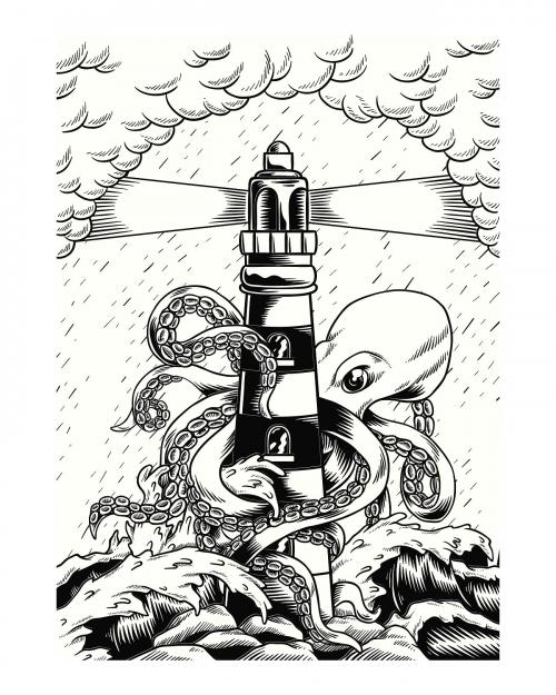 A giant octopus with tentacles wrapped around a lighthouse illustration. - 2274396