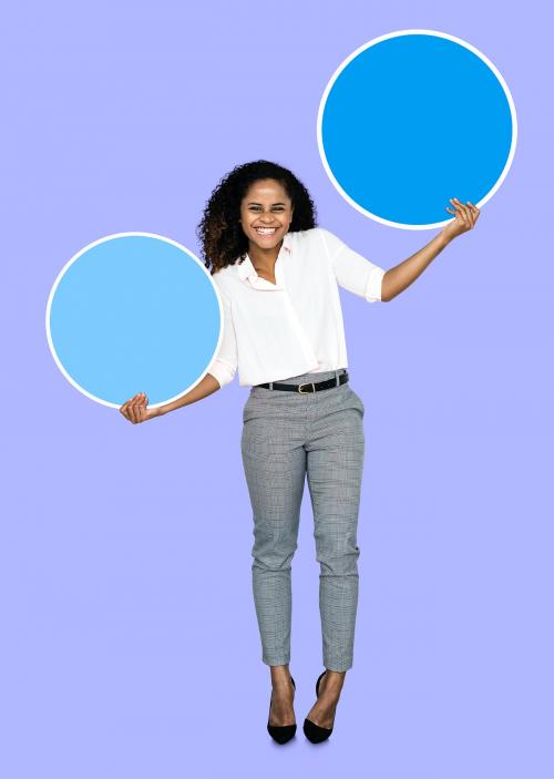 Woman showing blank blue circle boards - 493257