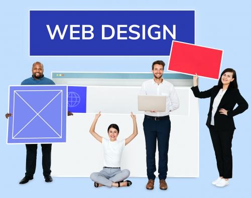 Happy diverse people holding a web design - 493280