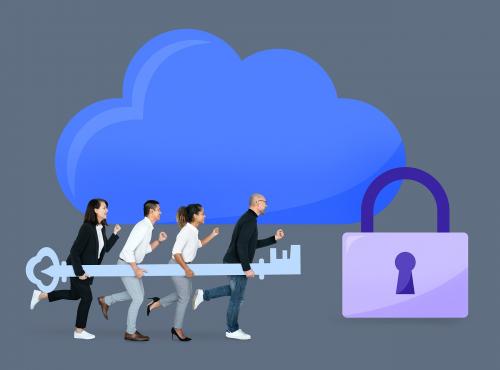 Diverse people carrying a key to unlock a cloud storage - 493296