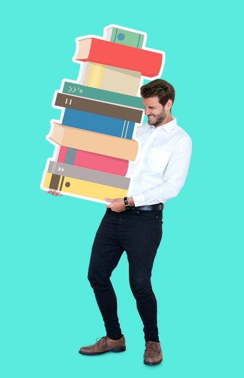 Young man carrying a stack of books - 492248