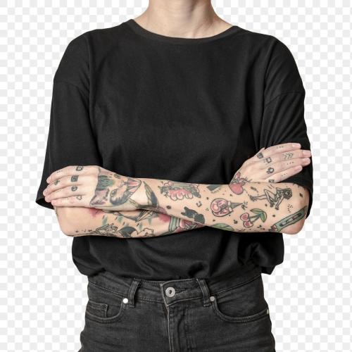Tattooed model in black t shirt and jeans transparent png - 2051925