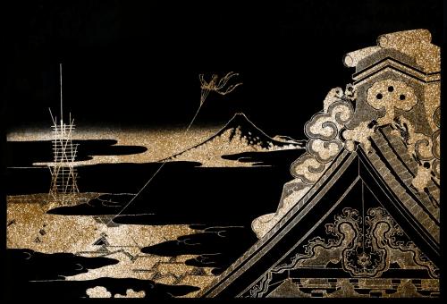 Shimmering golden temple vintage illustration vector, remix of original painting by Hokusai. - 2266819