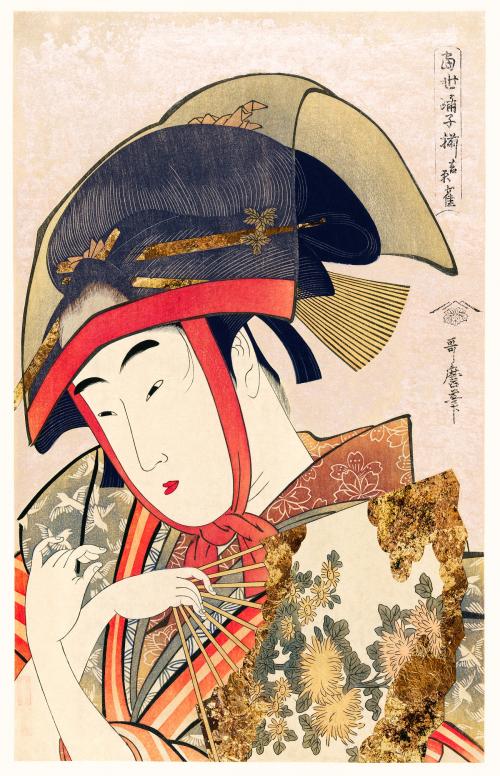 Yoshiwara Suzume vintage illustration, remix from original painting by Utamaro Kitagawa. - 2267433