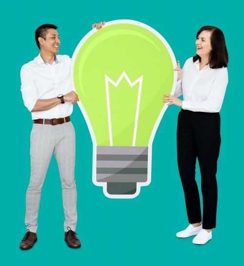 Diverse partners holding a light bulb icon - 492601