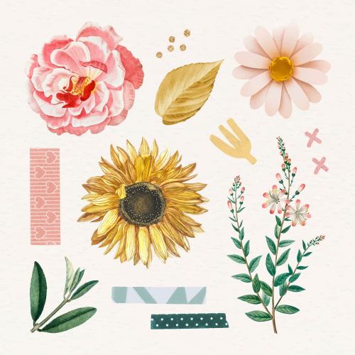 Rose and sunflower stickers pack vector - 2095302