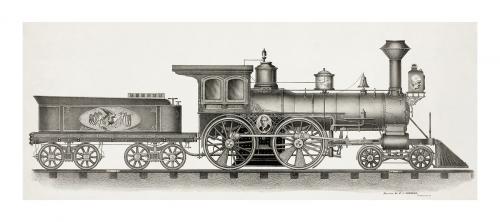 Gray railroad engine vintage illustration wall art print and poster design remix from original artwork. - 2271105