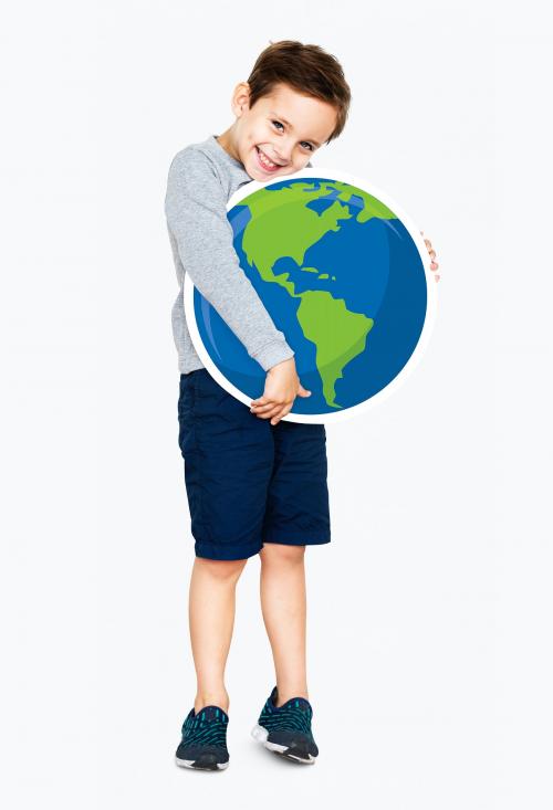 Happy boy hugging an earth icon - 491850